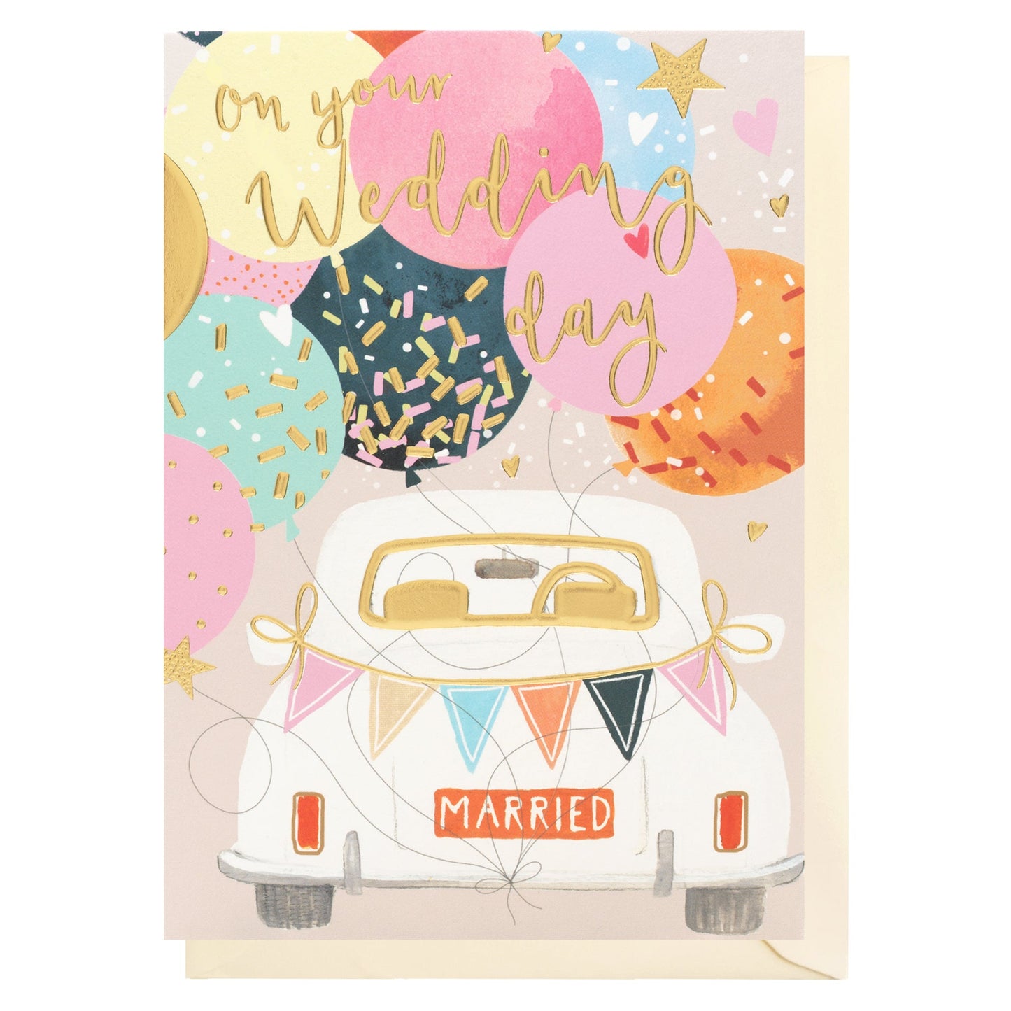 On your Wedding Day Car and Balloons Greeting Card