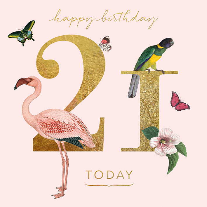 A pale pink card with a large gold 21 and a flamingo, flowers and butterflies.