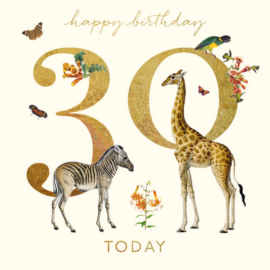 A cream card with a large 30 in the middle and a zebra and giraffe.