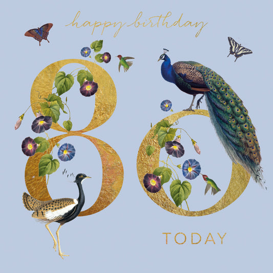 A pale blue card with a large gold 80 with birds and butterflies on the edge of it.