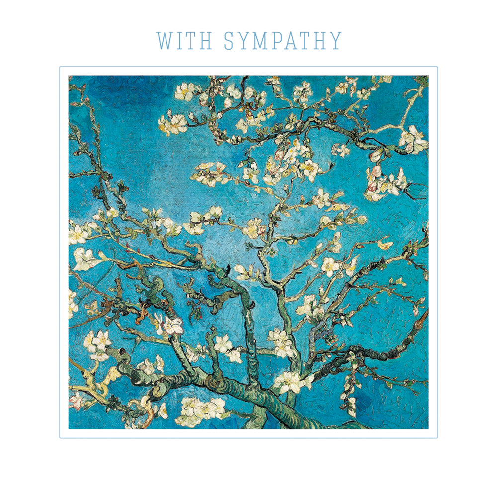 A white card with a turquoise background and white blossom tree with the words, With Sympathy.