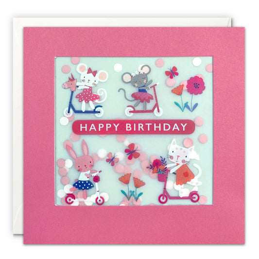 Happy Birthday Mice, Bunnies and Cats on Scooters Birthday Card