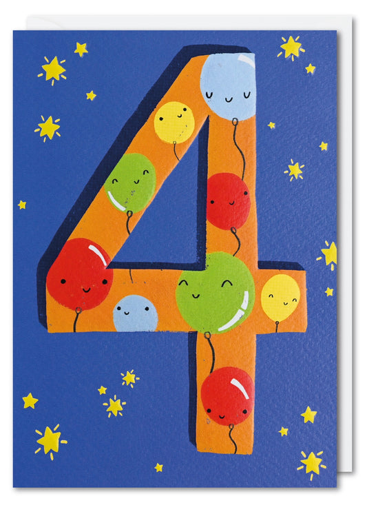 4th Birthday Card with Balloons and Stars