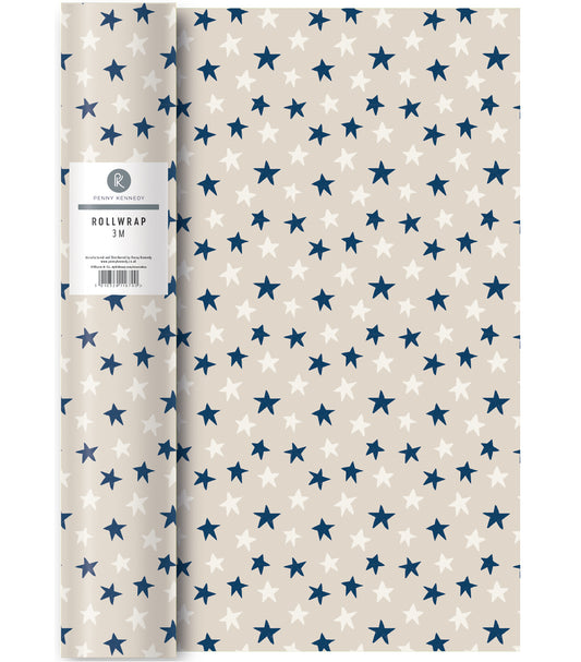 Roll of beige wrapping paper with blue and white star pattern, featuring a brand label.