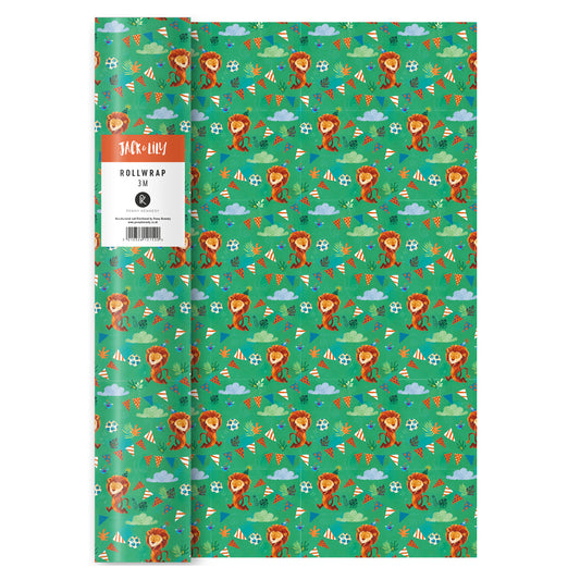 Roll of green wrapping paper with lion pattern and Jack & Lily branding.
