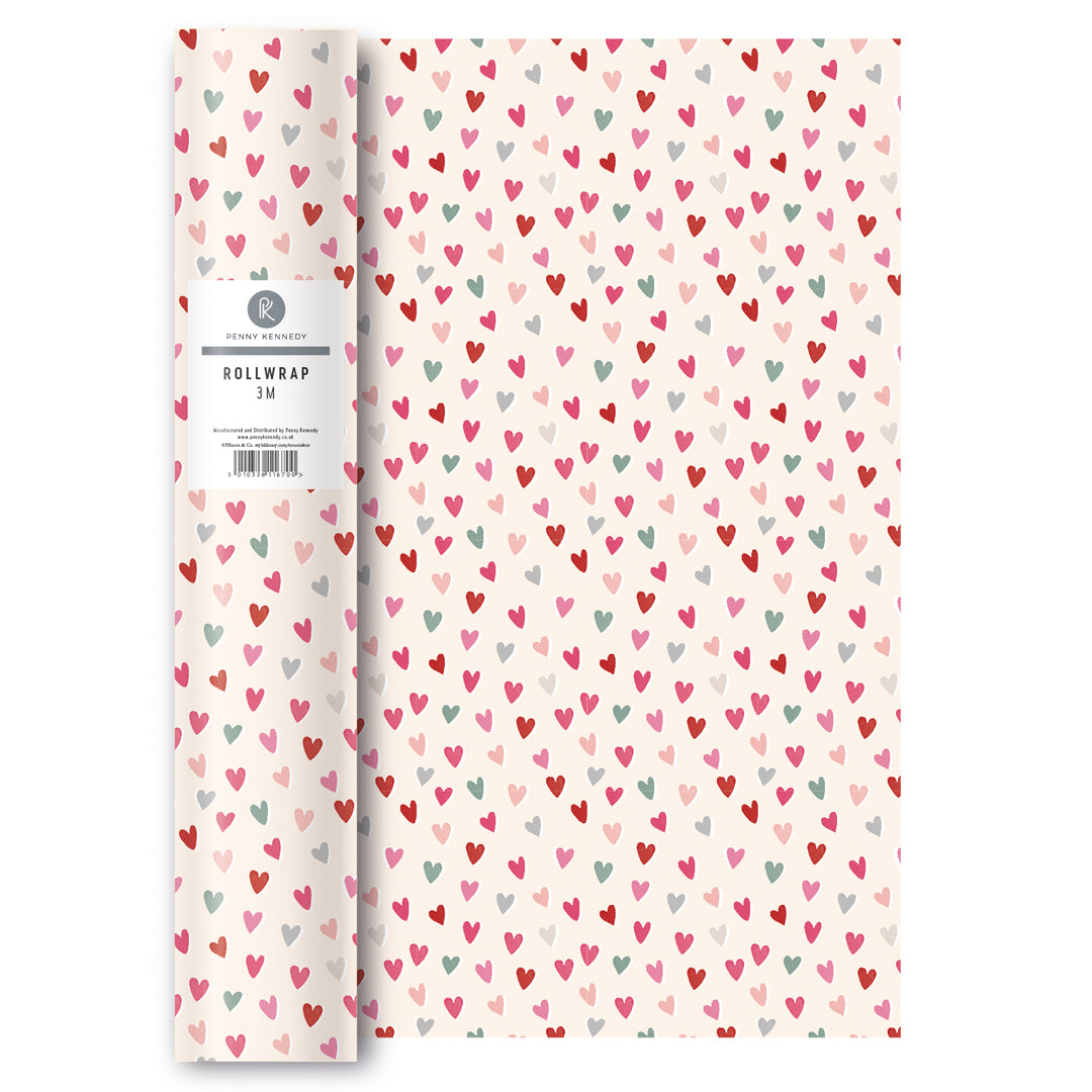 Roll of heart-patterned wrapping paper with a brand label on a white background