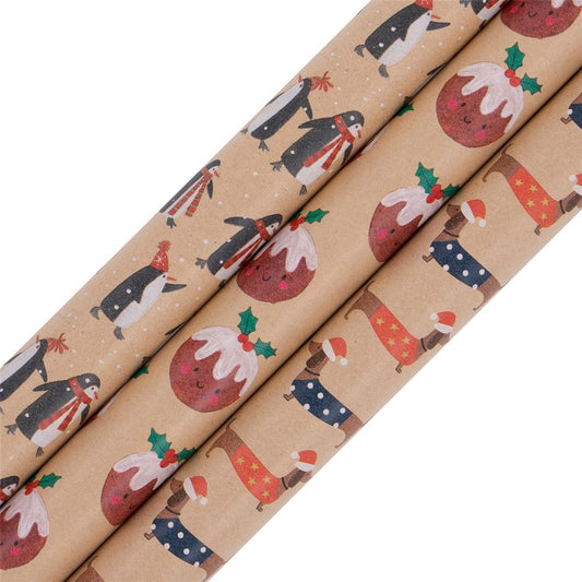 Christmas Roll Wrap Penguins, Daschunds and Puddings Kraft