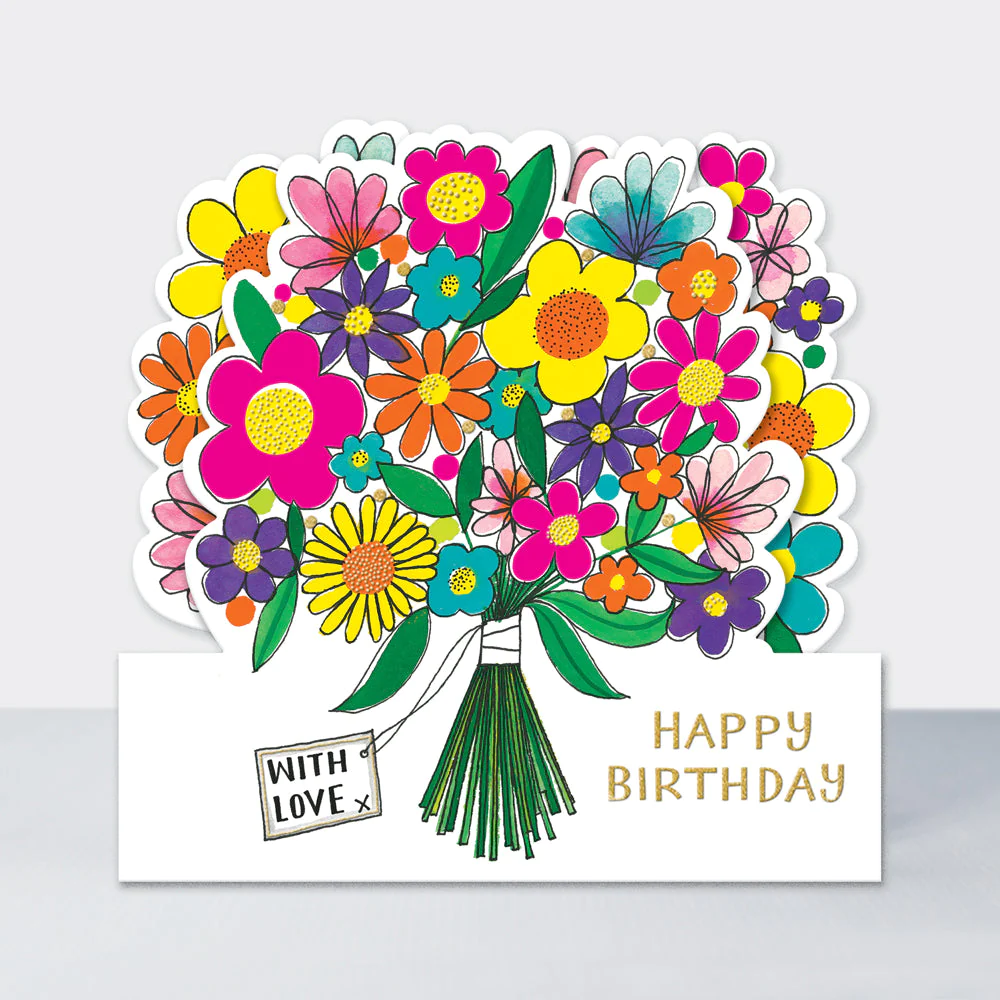 White card with a bunch of gorgeous coloured flowers with the tag "With Love" and then the words Happy Birthday on the white base.