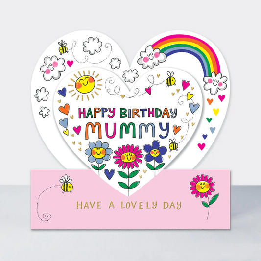 A heart shaped card with lots of hearts, rainbows, bees and happy clouds. It says Happy Birthday Mummy and also Have a Lovely day on it.