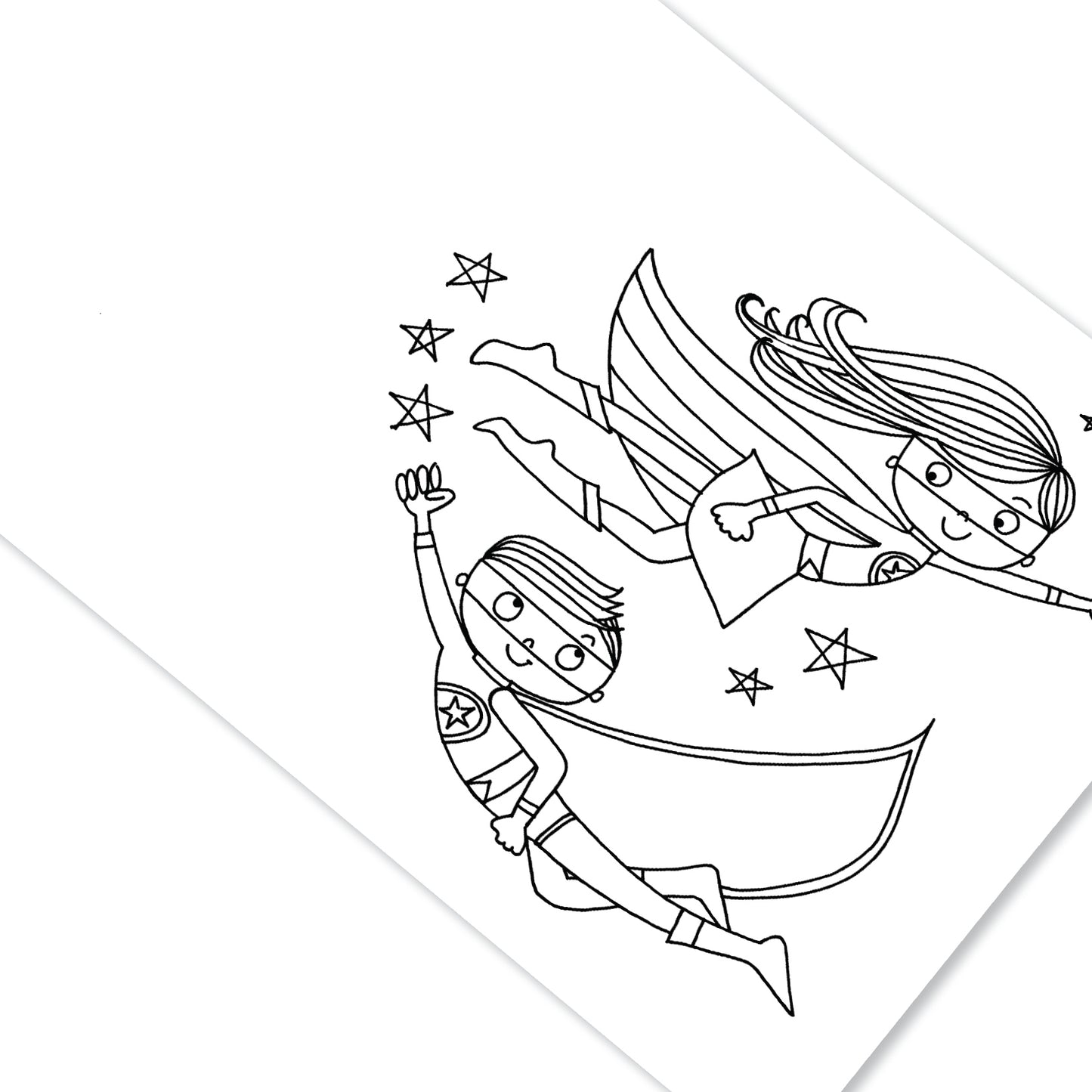 A white page with a girl and boy superhero flying to colour in.