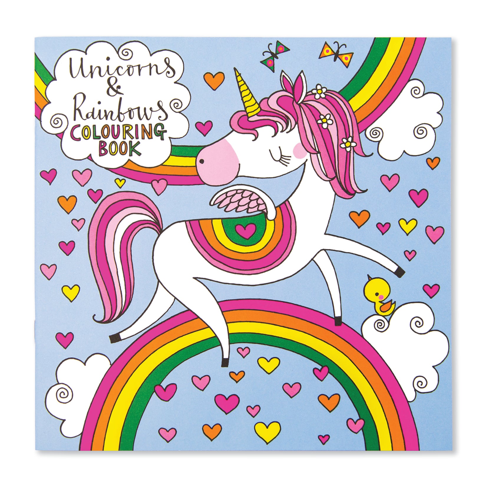 A blue page with a large unicorn and many hearts and rainbows with the words "Unicorns and Rainbows Colouring Book"