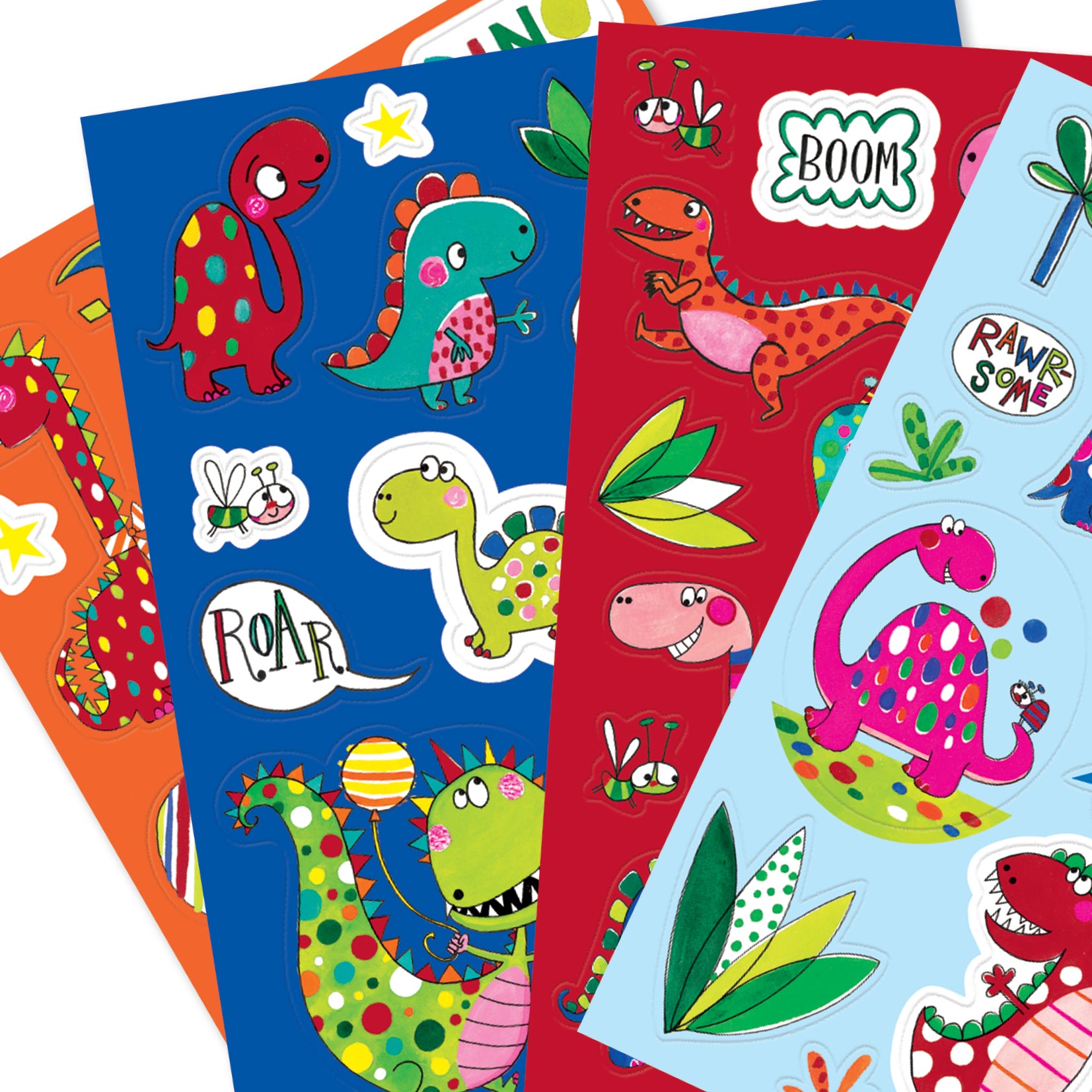 4 pages of dinosaur stickers on orange, dark blue, red and pale blue backgrounds.