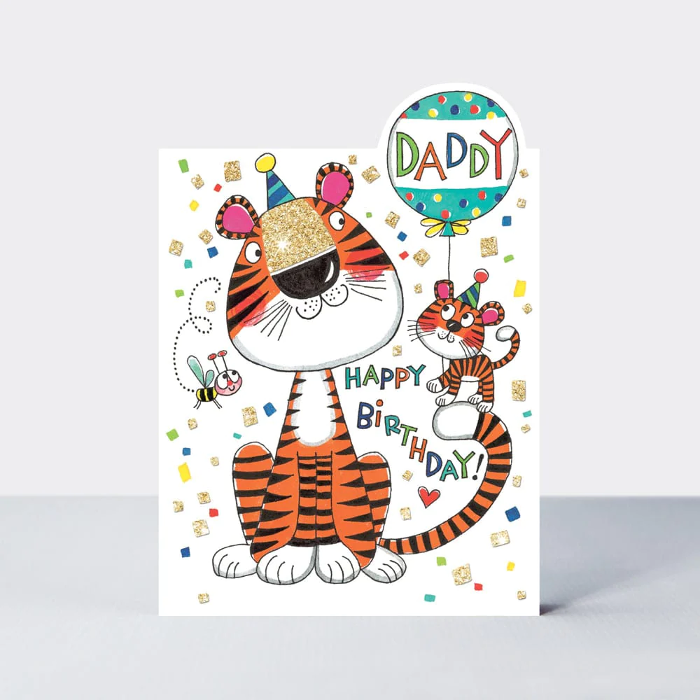 A white card with a cartoon tiger with a baby tiger sitting on the end of his tail and holding a balloon saying Daddy.