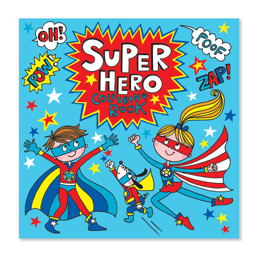 A bright blue book cover with a superhero boy, girl and dog and the words Oh, Pop, Zap and Poof around the outside.