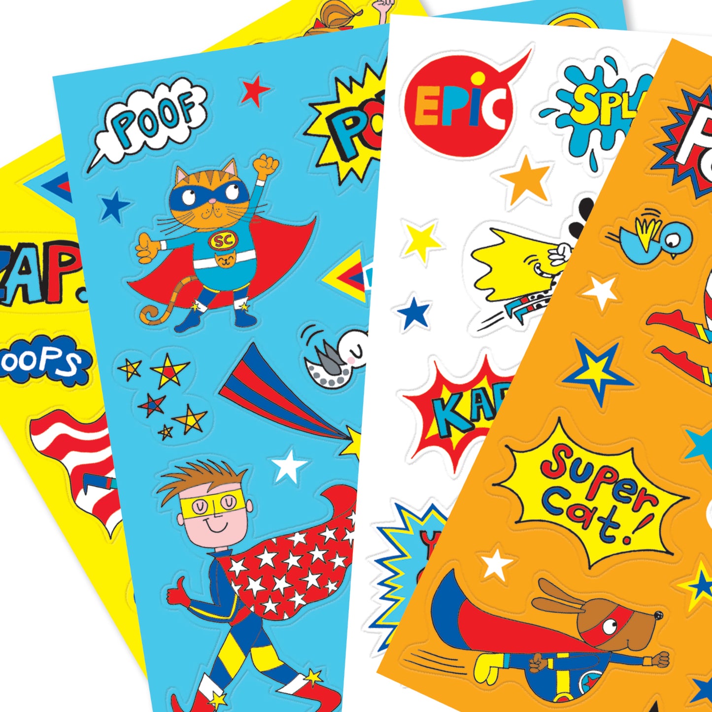 4 sheets of stickers on yellow, blue, white and dark yellow with examples of stickers such as a superhero boy, cat, dog and words such as poof and zap.