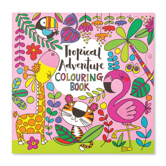 A pink colouring book outside cover with giraffe, tiger and flamingo amidst plants and flowers.