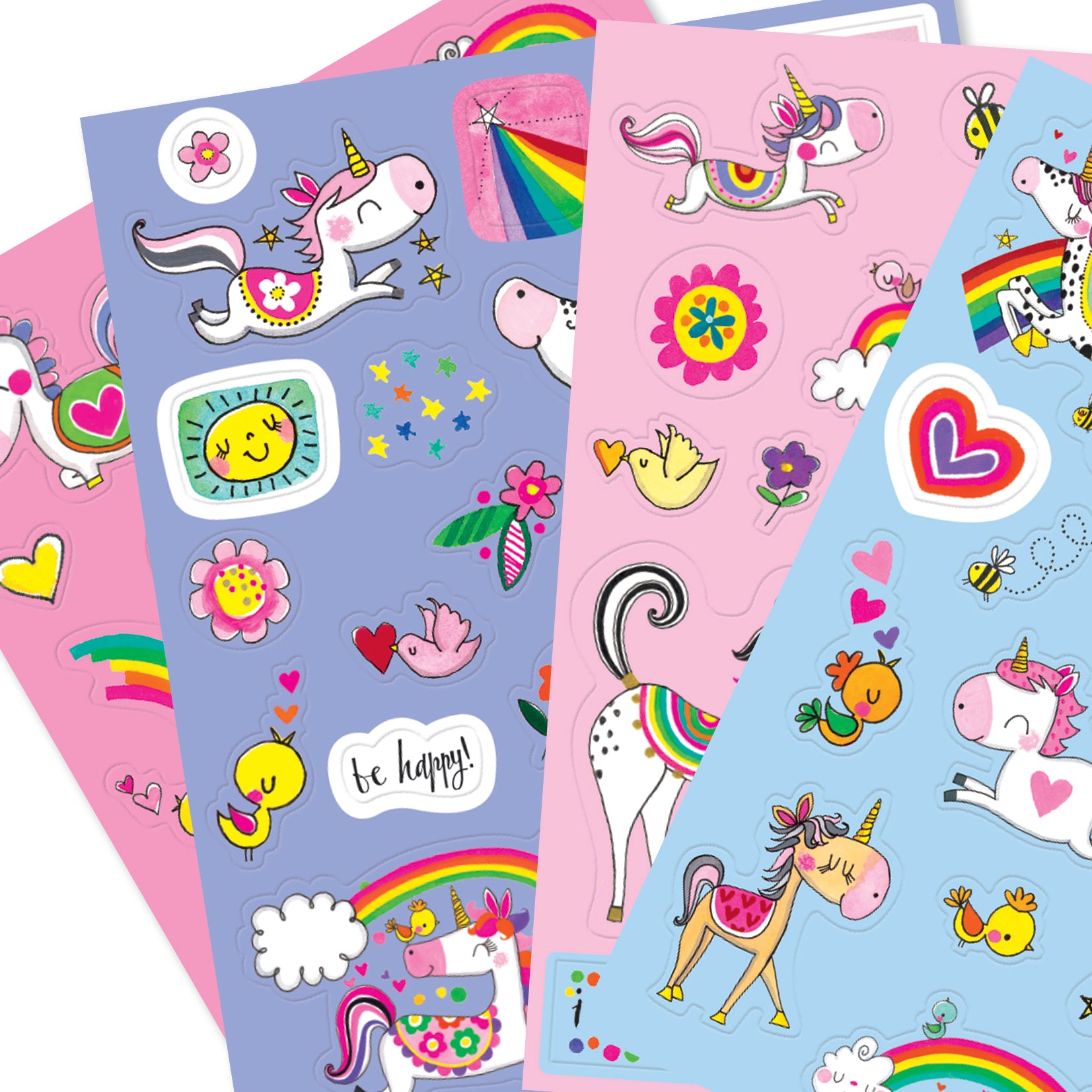 4 Sheets of stickers in pink, purple, pale pin and blue.  The stickers are of unicorns, sunshine, hearts, flowers etc.