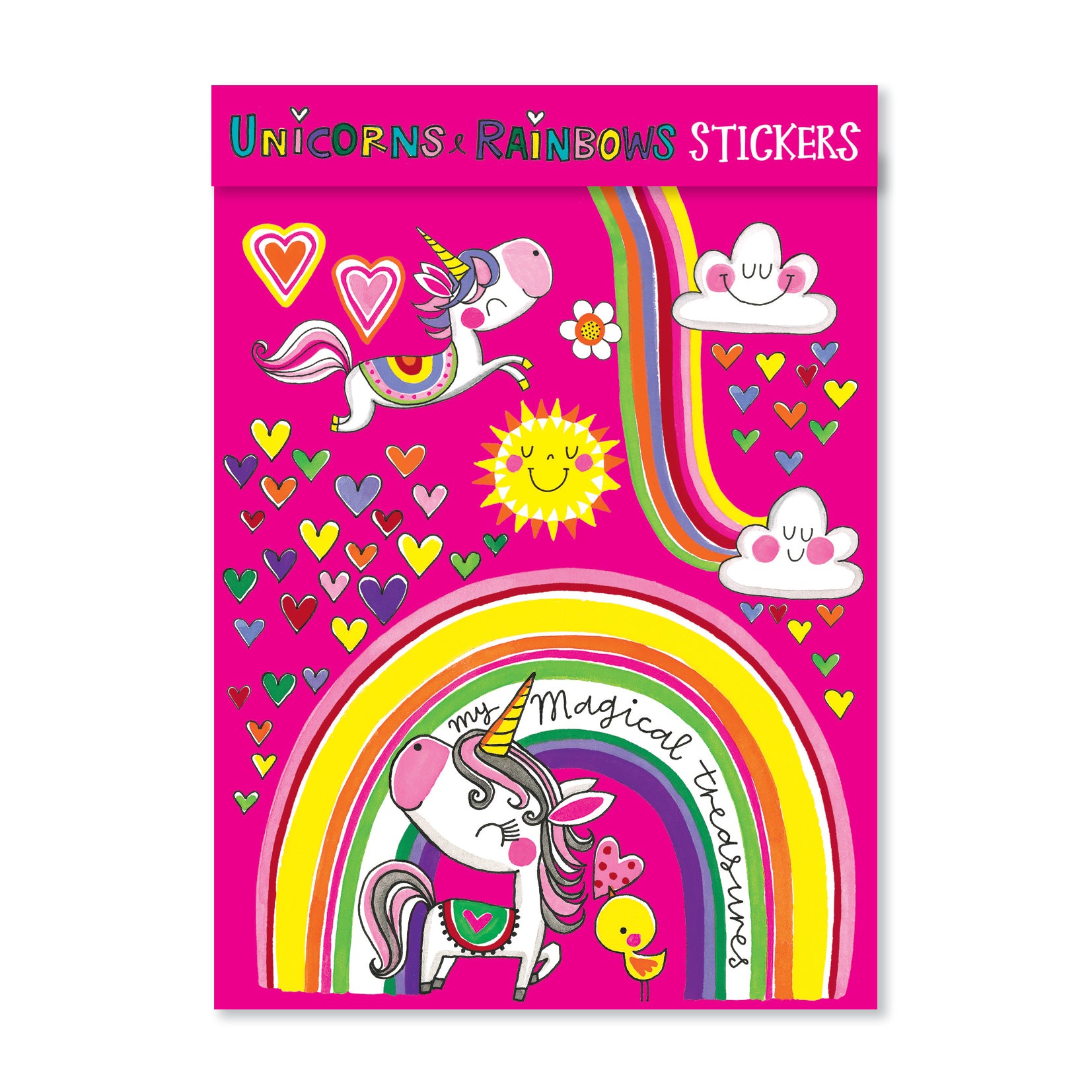 A bright pink sticker sheet with unicorns, hearts, sunshines, clouds and a rainbow in many different colours.