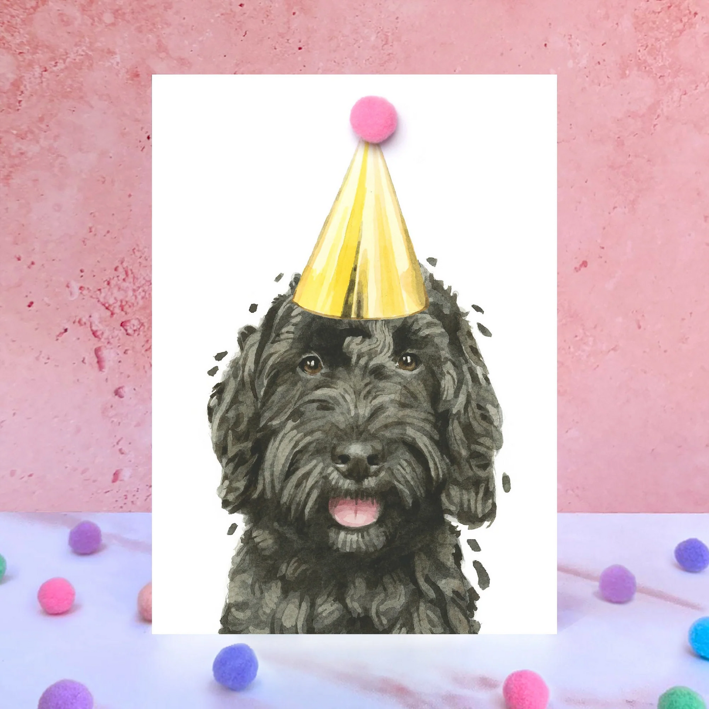 Black Cockerpoo/Labradoodle/Poodle Party Hat Greeting Card