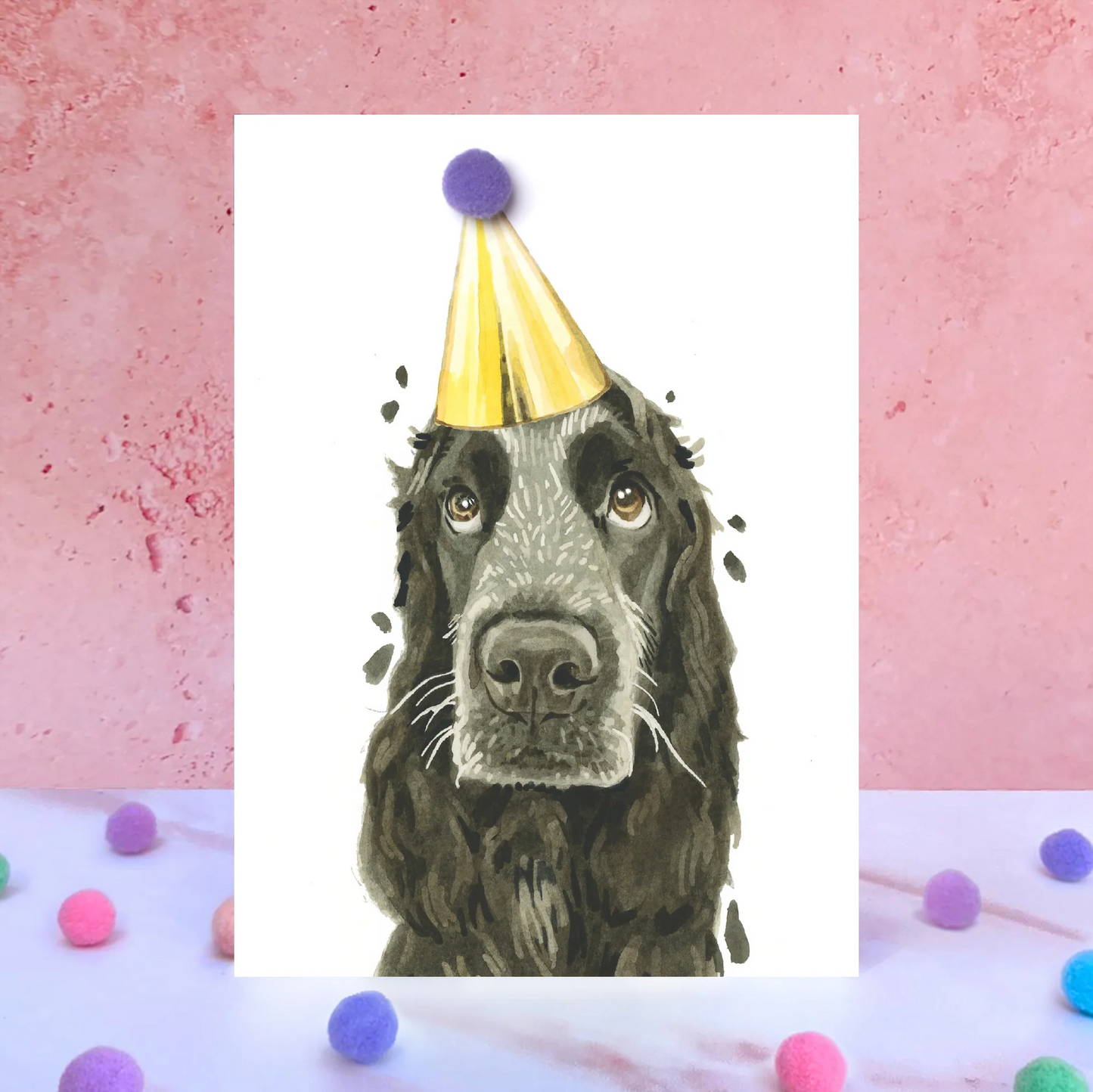 Black Cocker Spaniel Party Hat Greeting Card