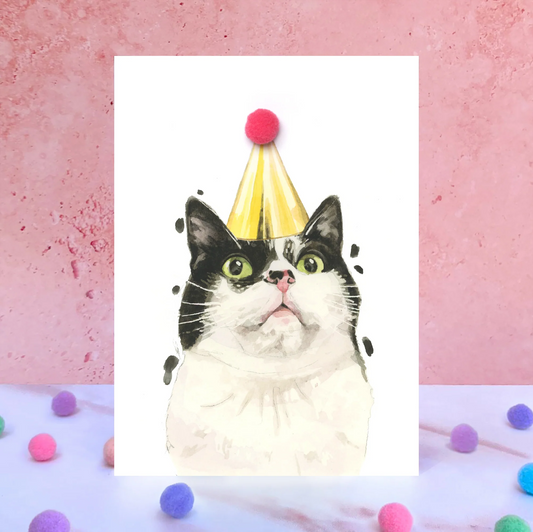 Black and White Cat Birthday Party Hat Greeting Card