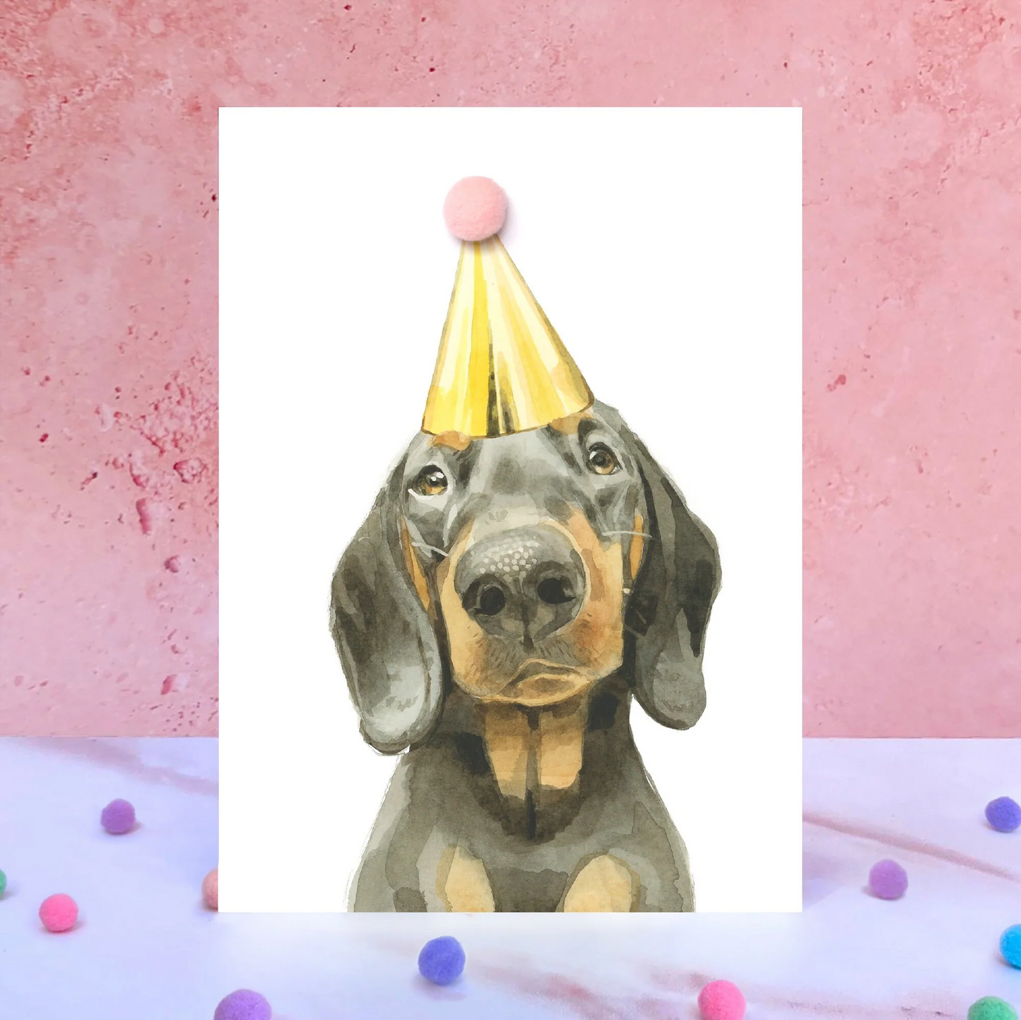 Black and Tan Daschund Party Hat Greeting Card