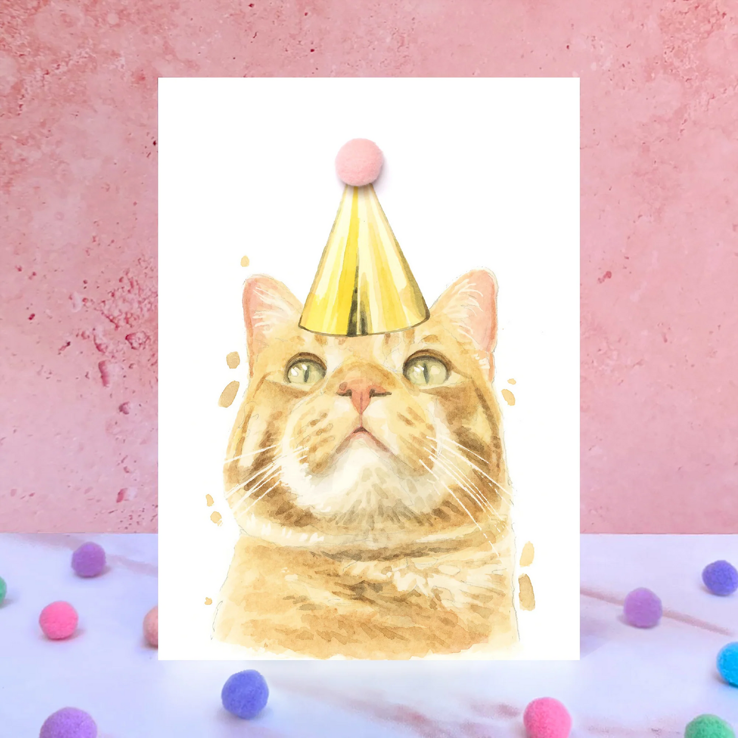 Ginger Cat Birthday Party Hat Greeting Card