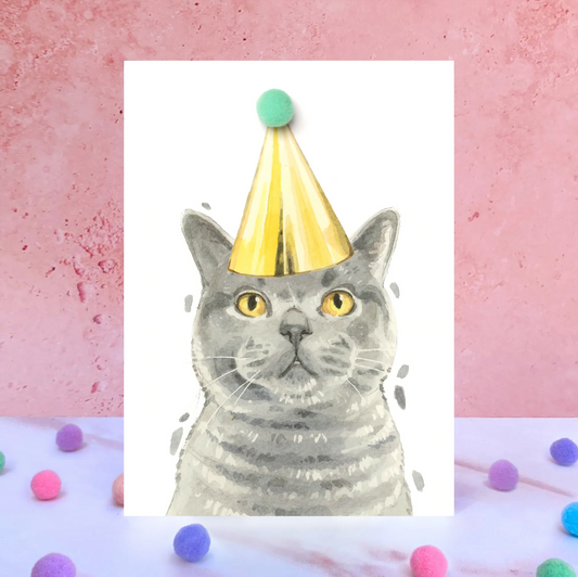 British Shorthair Cat Birthday Party Hat Greeting Card