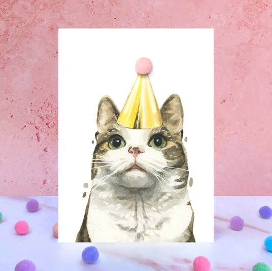 Tabby Cat Birthday Party Hat Greeting Card