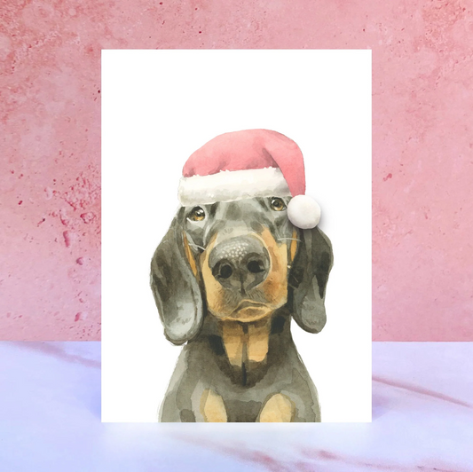 Black and Tan Daschund Christmas Hat Greeting Card