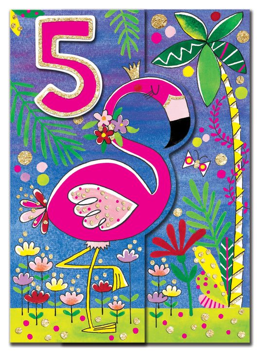 Wild Things - Age 5 Flamingo Birthday Card