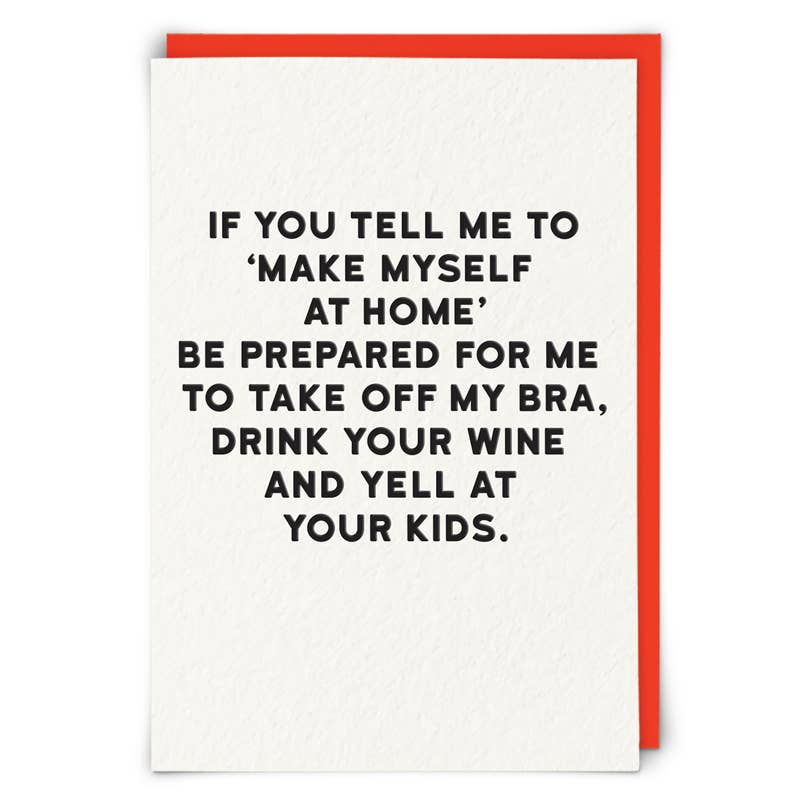 Card with humorous text on a white background with a red border