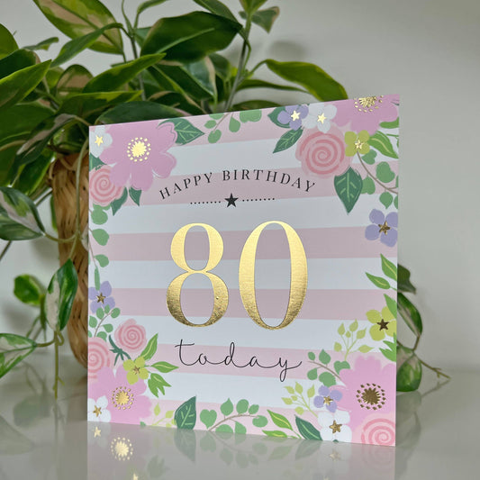 Milestone Floral and Stripes 80th Birthday Card