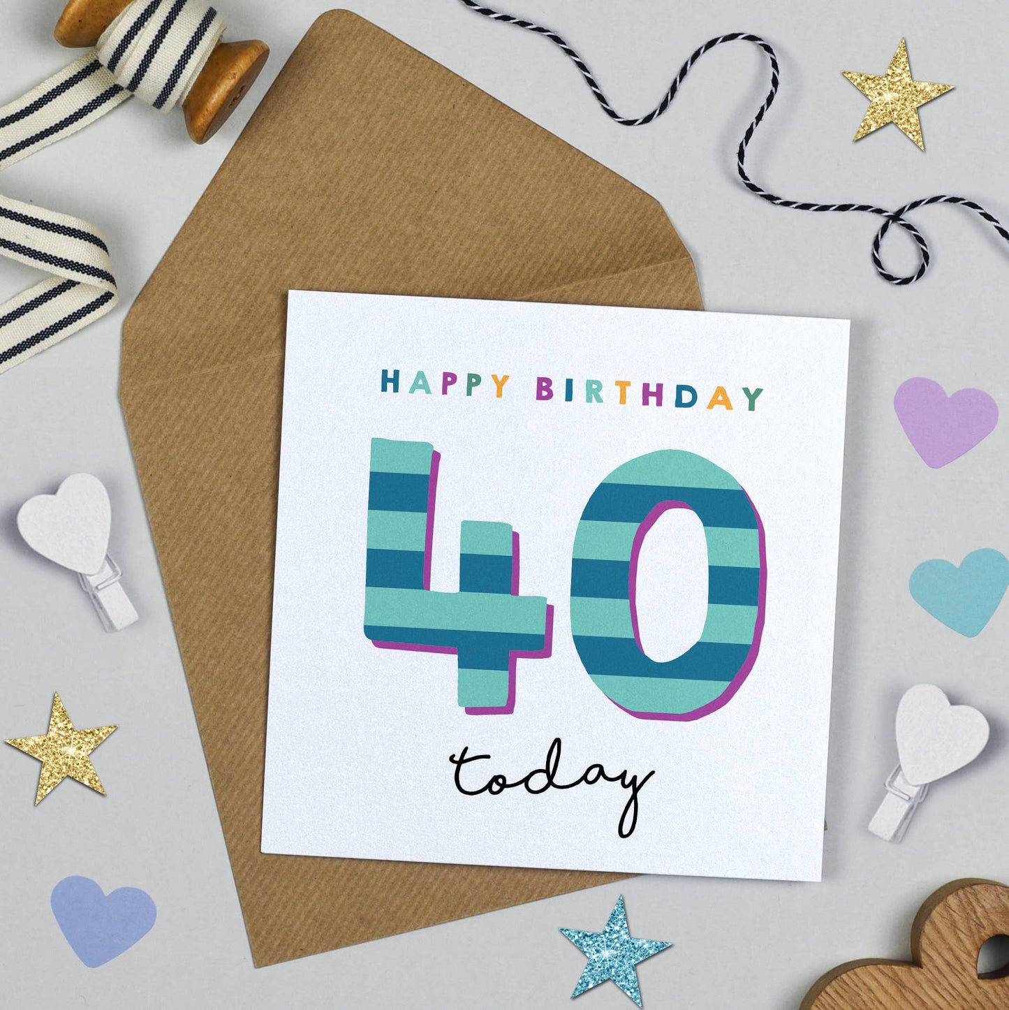 Birthday card with 'Happy Birthday 40 today' text on a decorative background with ribbons and stars.