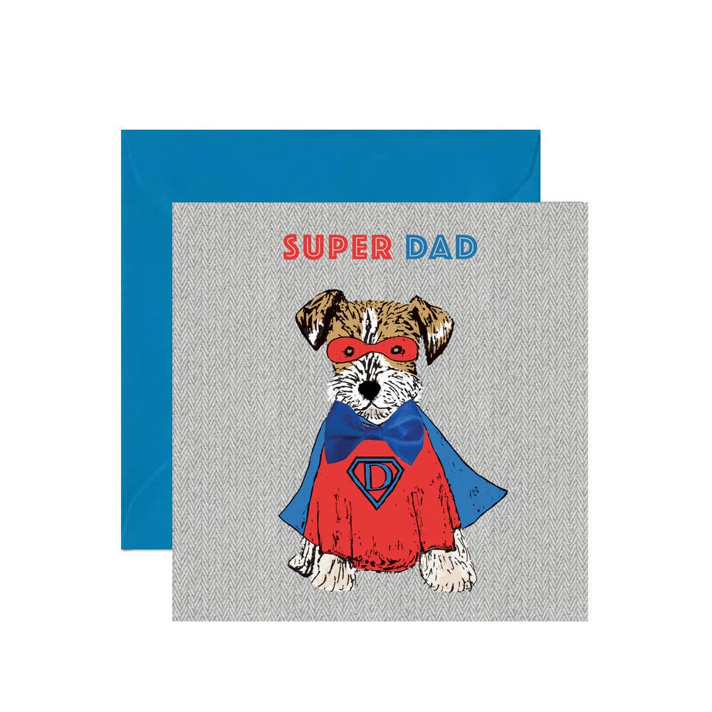 Greeting card with a dog dressed as a superhero and 'Super Dad' text on a blue and gray background.