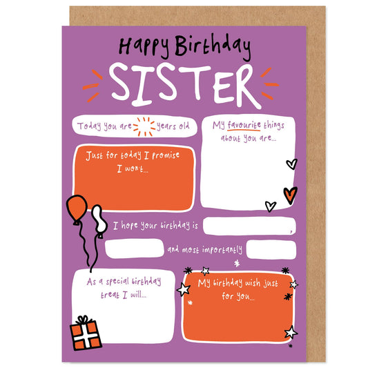 Sister Fill In The Blanks Birthday Card