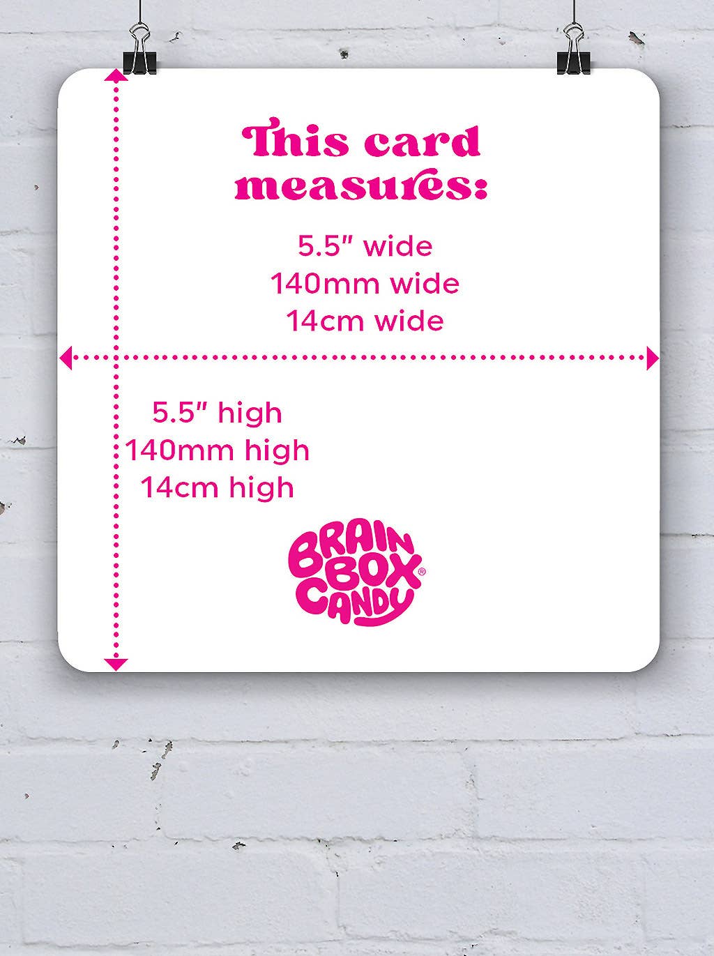 Measurement card with dimensions and 'Brain Box Candy' branding on a white background
