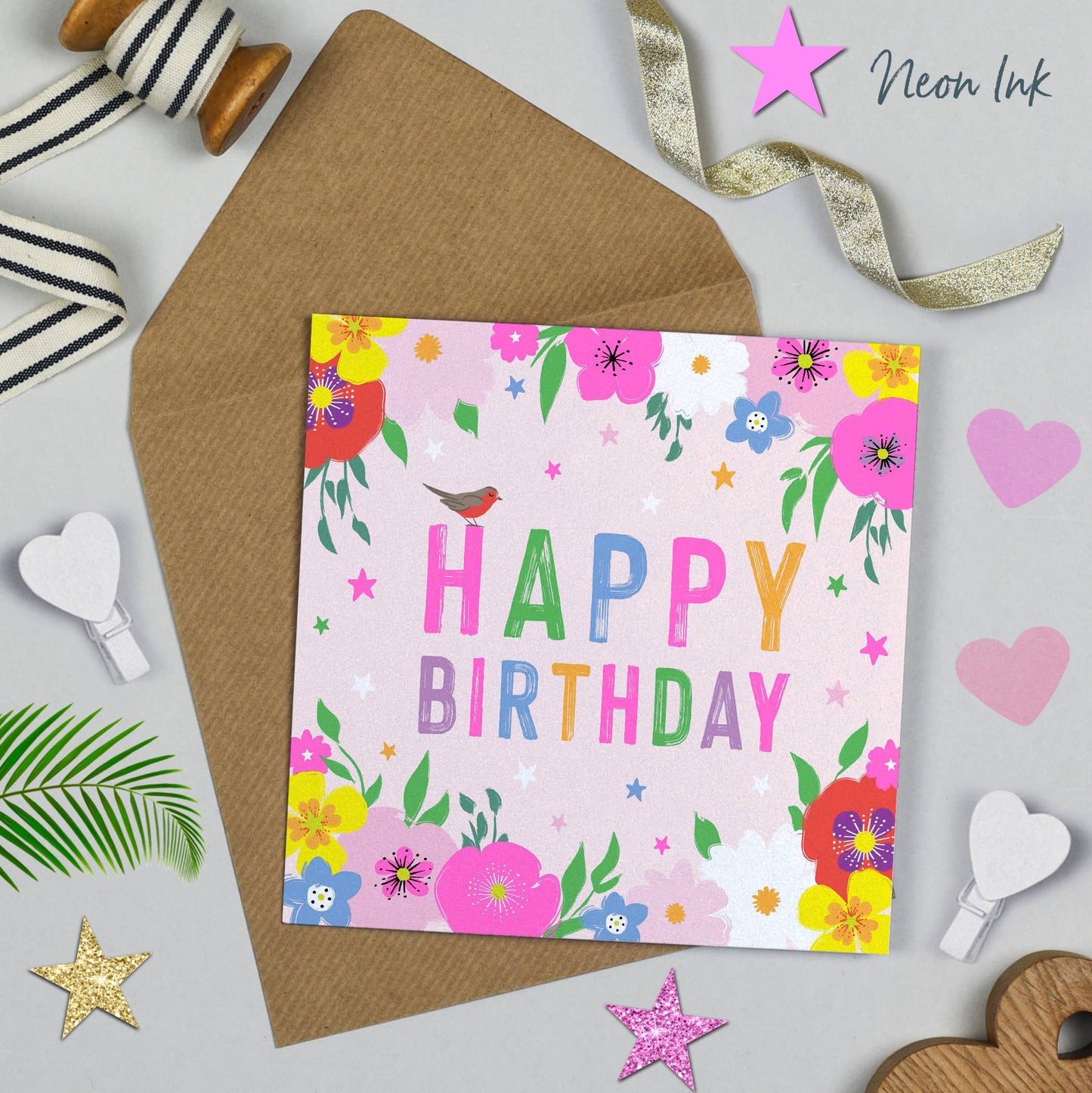 Festival Floral Neon Happy Birthday Card