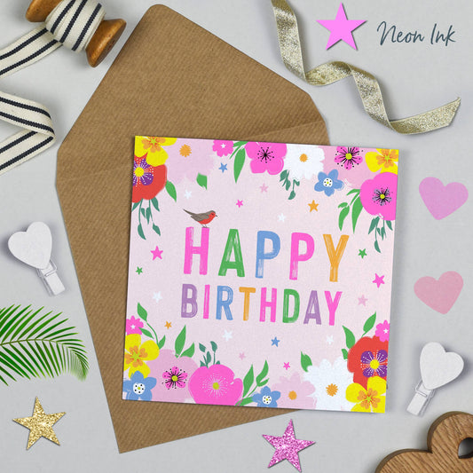 Festival Floral Neon Happy Birthday Card