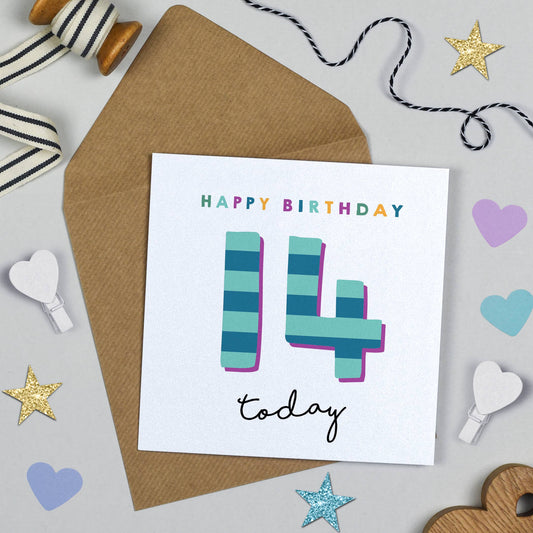 Birthday card with 'Happy Birthday 14 today' text on a decorative background with ribbons and stars.