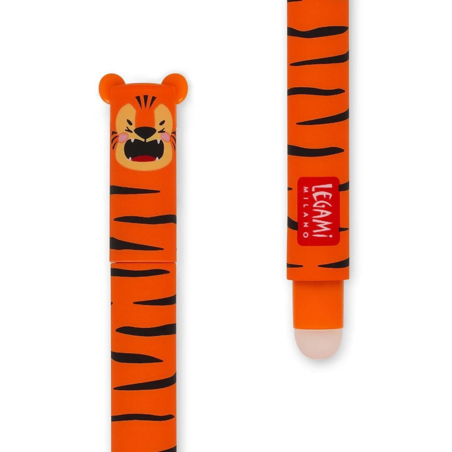 Orange and black striped pen with tiger design and Legami logo on a white background