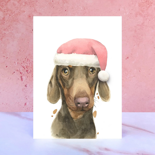 Daschund Santa Hat Christmas Card