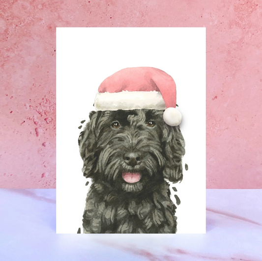 Black Cockerpoo/Labradoodle/Poodle Christmas Santa Hat Greeting Card