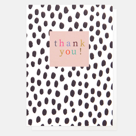 A white card with black leopard print and a pink box with multi-coloured "Thank you!"