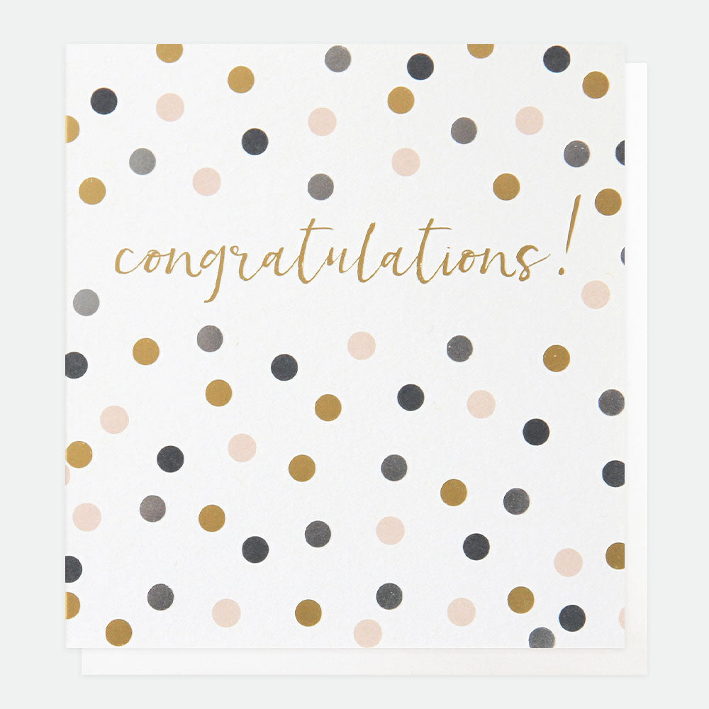 A white background with gold, silver, blue and pink spots. The word Congratulations is shown in the centre and a white accompanying envelope.