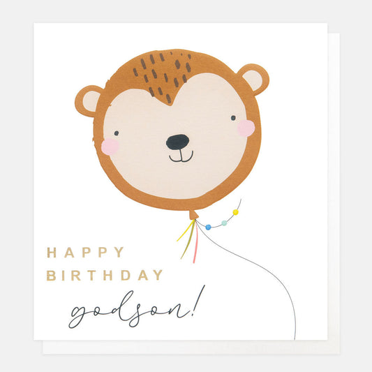 White card with a balloon shaped like a Bear face and the words Happy Birthday Godson below.
