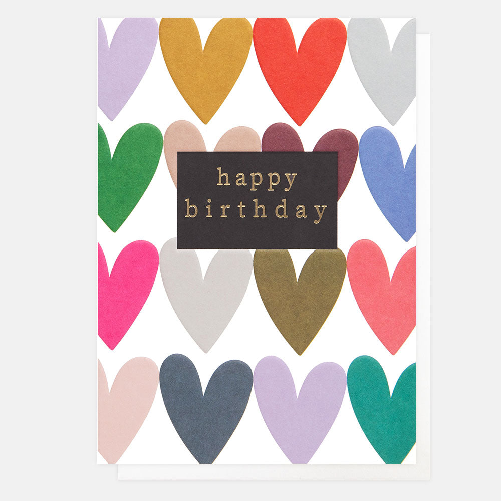 White card with multi-coloured hearts on and a black box with Happy Birthday written in gold