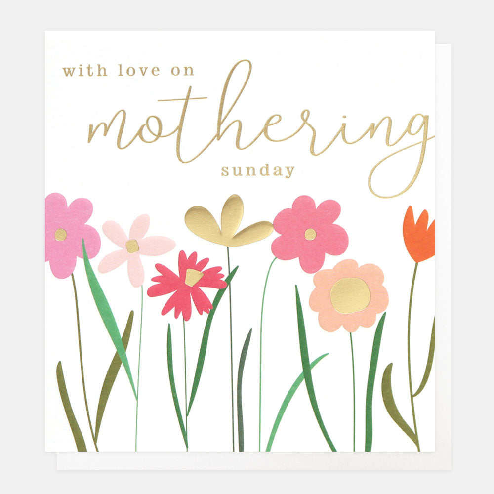 A cream background Greeting Card with coloured flowers and the phrase "With love on Mothering Sunday"