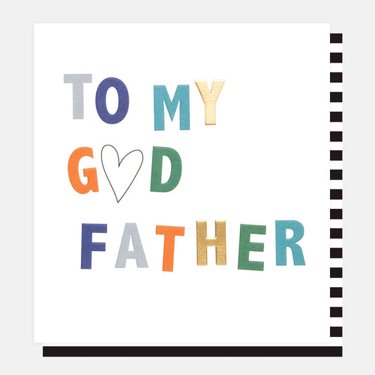 A white card with the words "To My Godfather" on it. The O in God is a black outlined heart.  A stripey envelope can be seen.