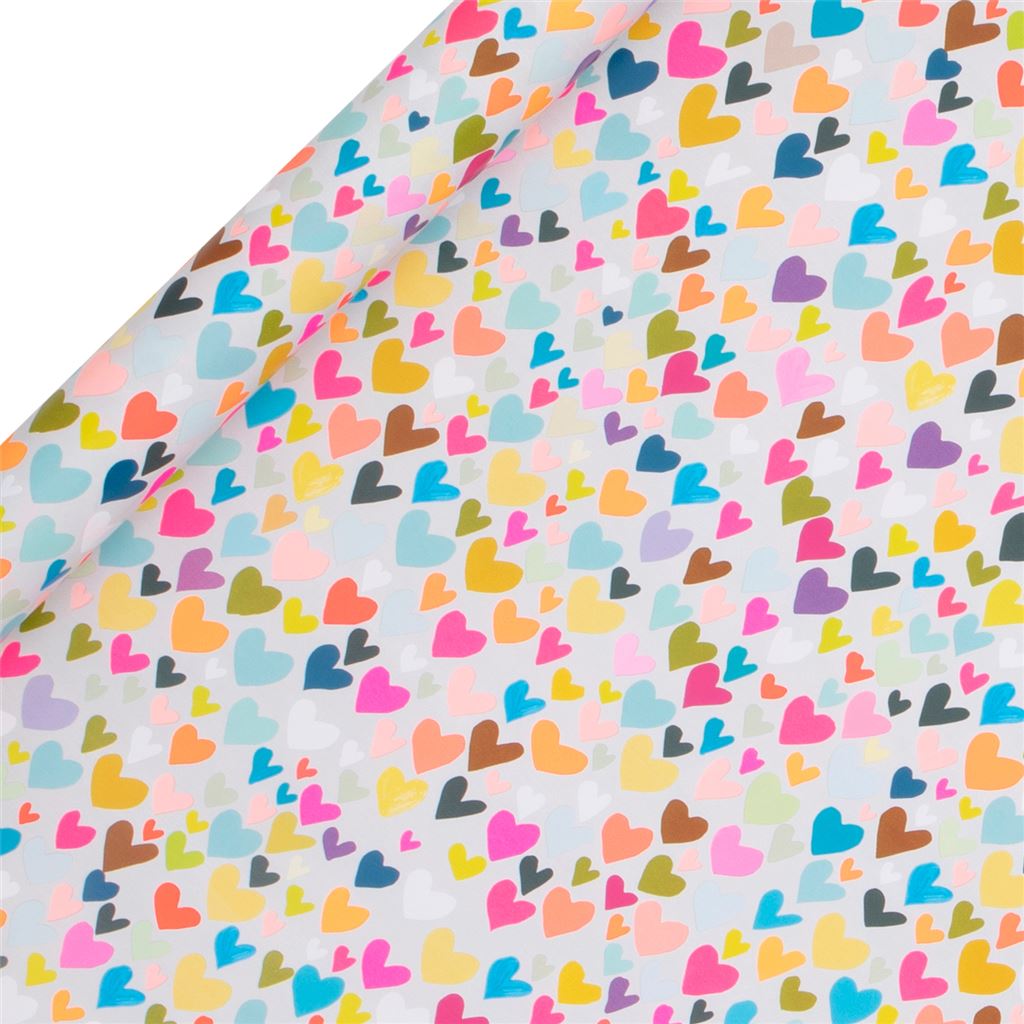 Wrapping paper roll with many multi coloured hearts.